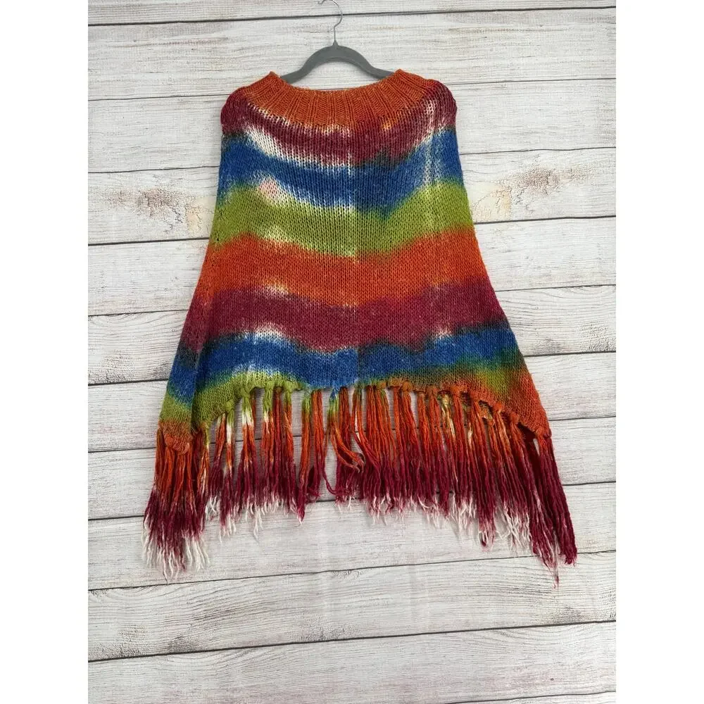 Laura Leigh Ltd Striped Poncho Shawl Fringed Knit Wool Blend  Women OS Italy‎